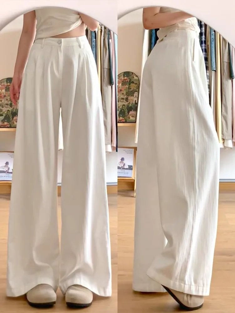 Witte wijde pijpen pakbroek dames zomer losse hoge taille rechte casual broek afslanken draperen comfortabel faionable
