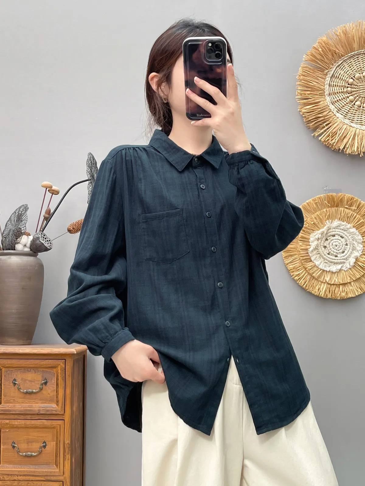 Cotton yarn dark green red plaid shirt for women Japan style  vintage long sleeve checkered shirts blouses women large size tops