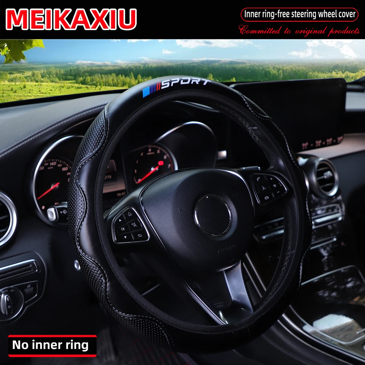 SPORT Steering Wheel Cover PU Soft Leather Artificial Sheepskin Embossed Comfortable Rimless Design for 37-38cm