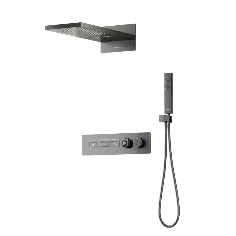 

All copper concealed shower, thermostatic wall shower set, gun ash hot melt waterfall hidden embedded minimalist