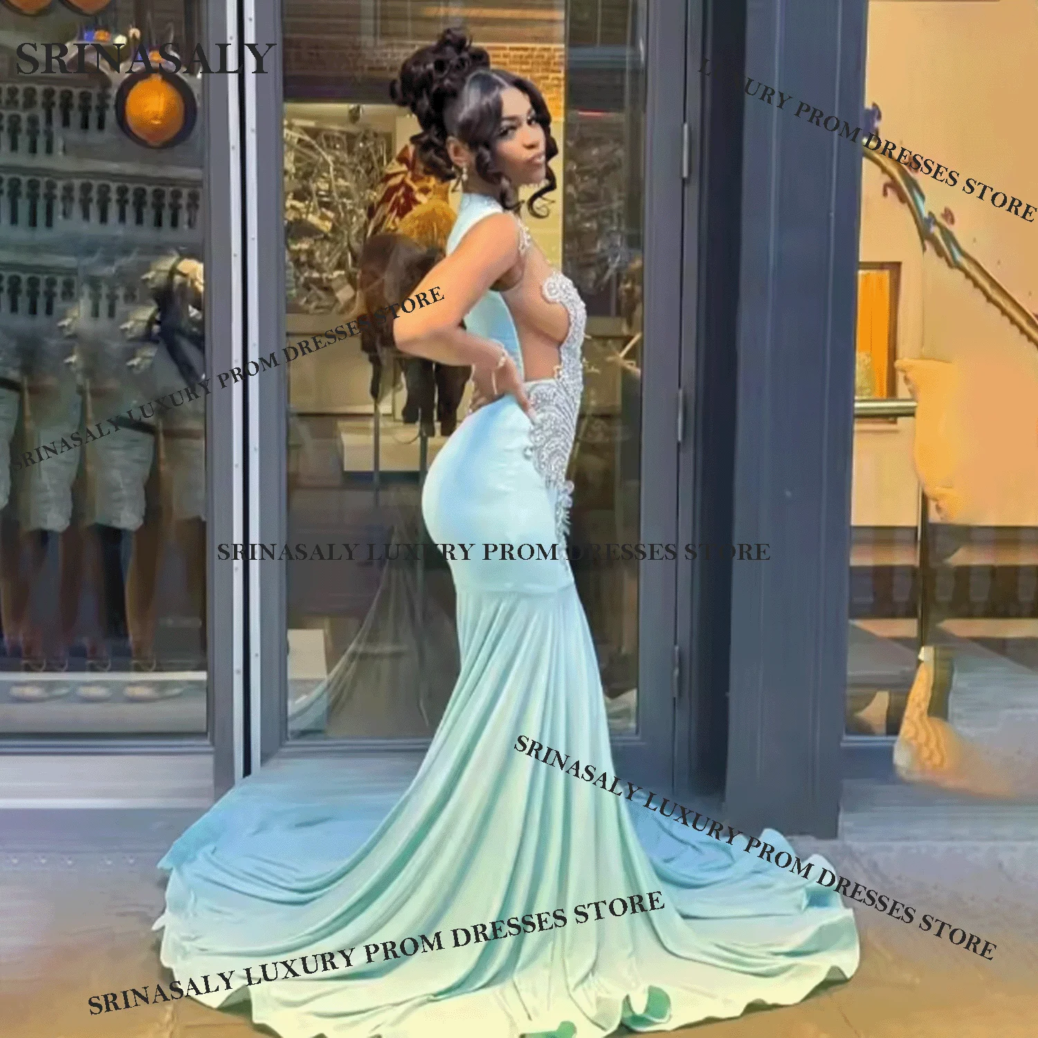 Vestidos de fiesta de sirena largos de encaje personalizados para rebordear cristal exquisito lujo diamante rebordear 2025 vestido de noche con espalda abierta