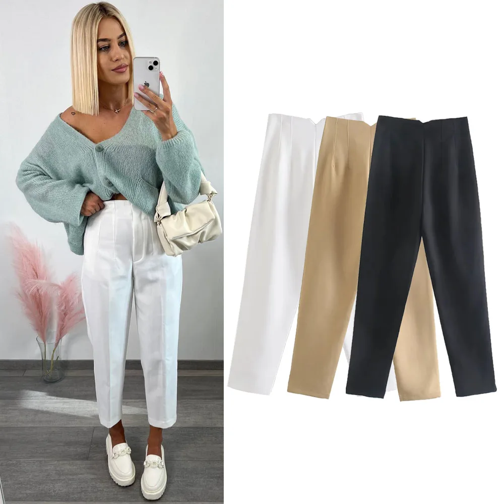 TRAF Autumn Trouser Suits High Waisted Pants Women Fashion Office Beige Pants Chic Button Zip Elegant Pink Casual Woman Pants