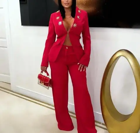 가을 여성용 맞춤형 슈트, 패션 메탈 장식 싱글 버튼 슬림핏 수트 상의와 하이웨이스트 와이드 레그 팬츠 세트