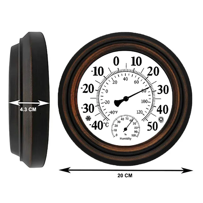 T82C Hot Sale-20Cm Antique Indoor Outdoor Thermometer Hygrometer Temperature Humidity Meter Wall Clock Thermometer For Home Deco