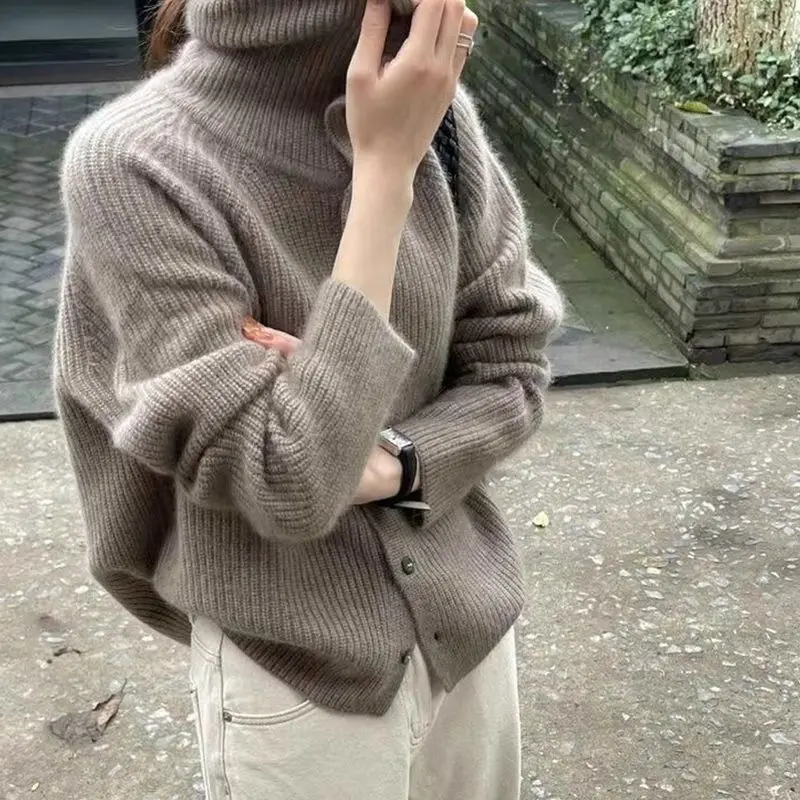 Cardigan lavorato a maglia monopetto tinta unita per donna Primavera e autunno Nuovo maglione versatile a maniche lunghe a collo alto