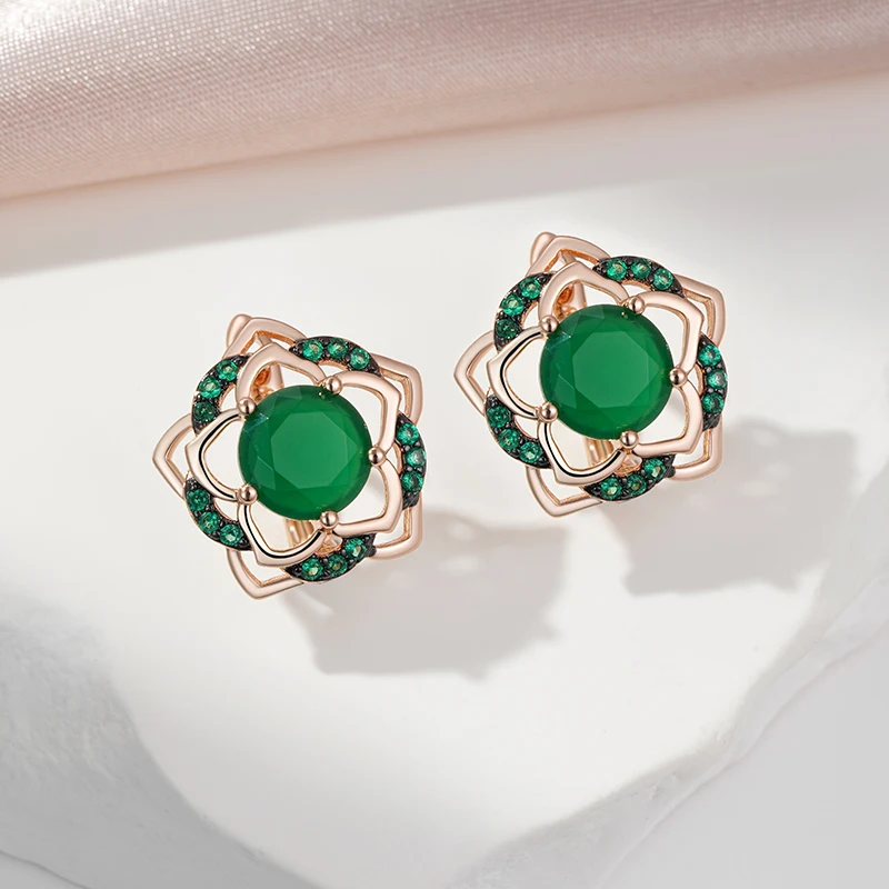 SYOUJYO Green Flower Natural Zircon Earrings For Women 585 Rose Gold Color Skeleton Luxury Party Jewelry