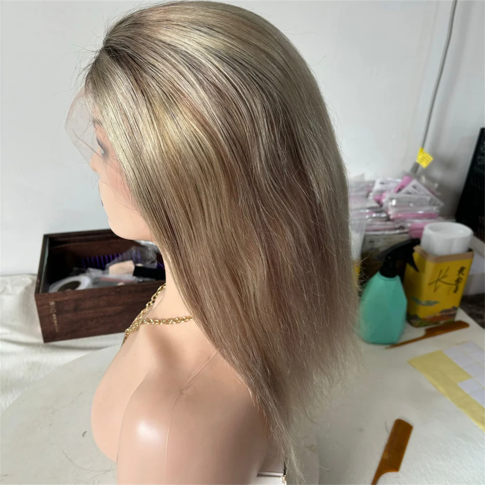 

14" 16" 180% Hoeny Blonde with Brown Roots Bob Wig Lace Part Wig Brazilian Human Hair Straight Short Wig Ship Immediately