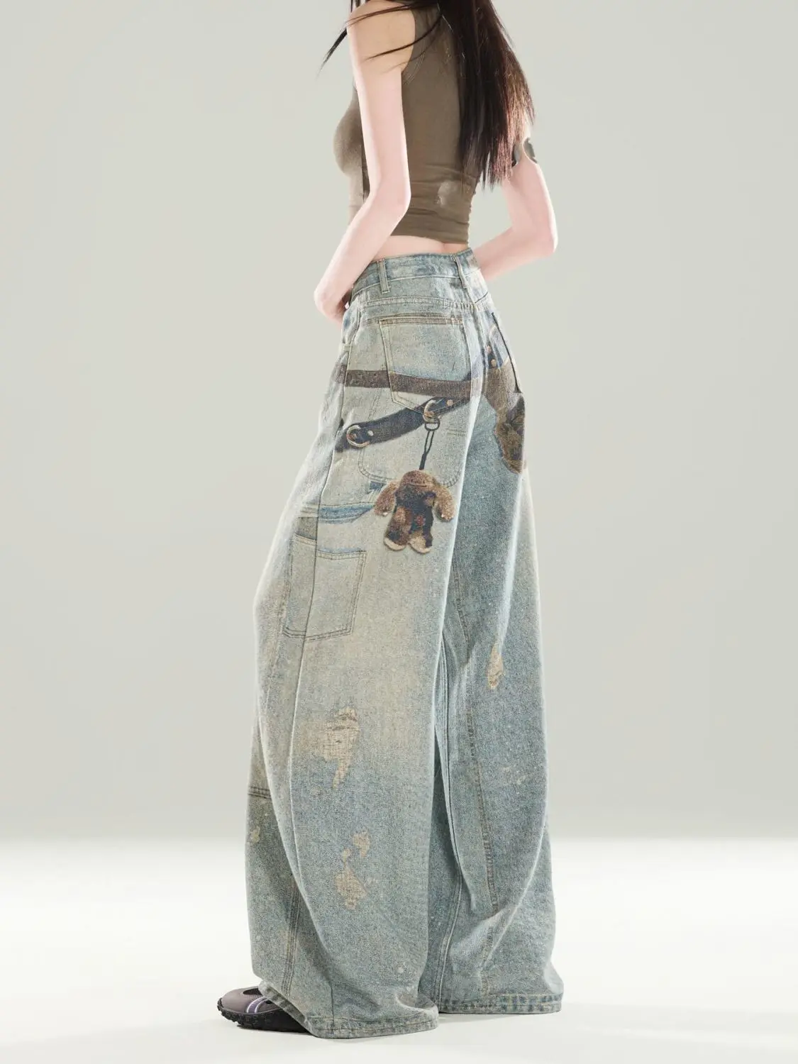 American Retro Printed Jeans For Women In Autumn/Winter 2025 Pear Shaped Figure, Slimming Straight Leg Wide Leg Pants