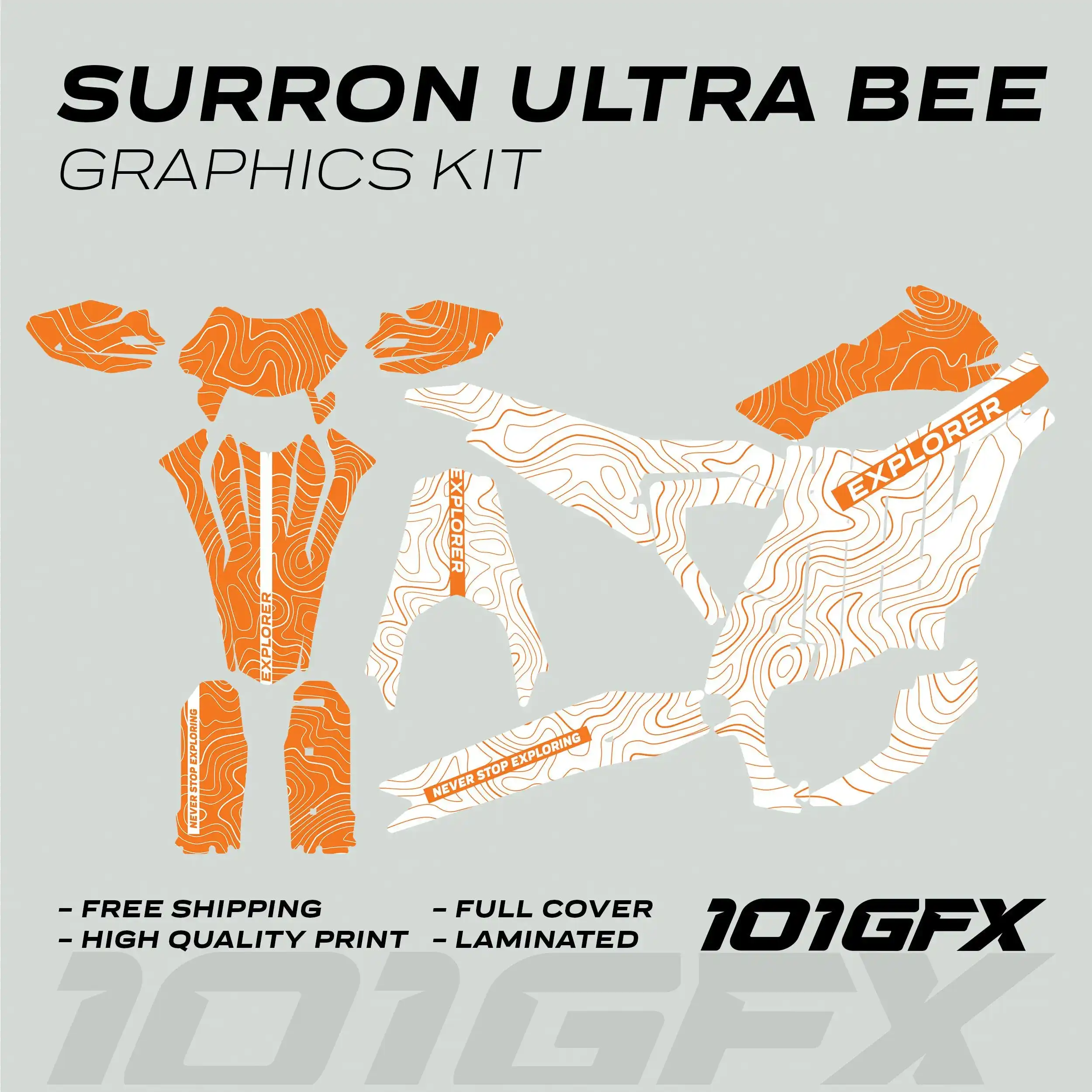 Graphics Kit EXPLORER WHITE ORANGE Explore Altitude Decals Stickers Laminated eBike Decals Wrap Protection For Surron Ultra Bee
