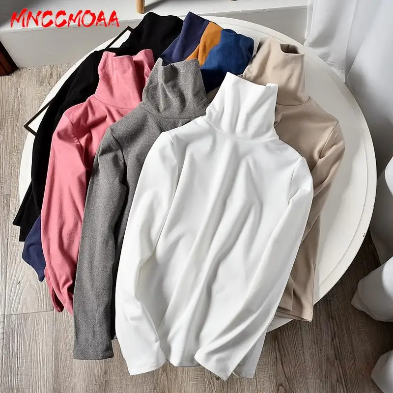 

MNCCMOAA-Women's Casual Long Sleeve Top, High Collar, Slim Pullovers, Monochromatic, Female Fashion, Autumn, Winter