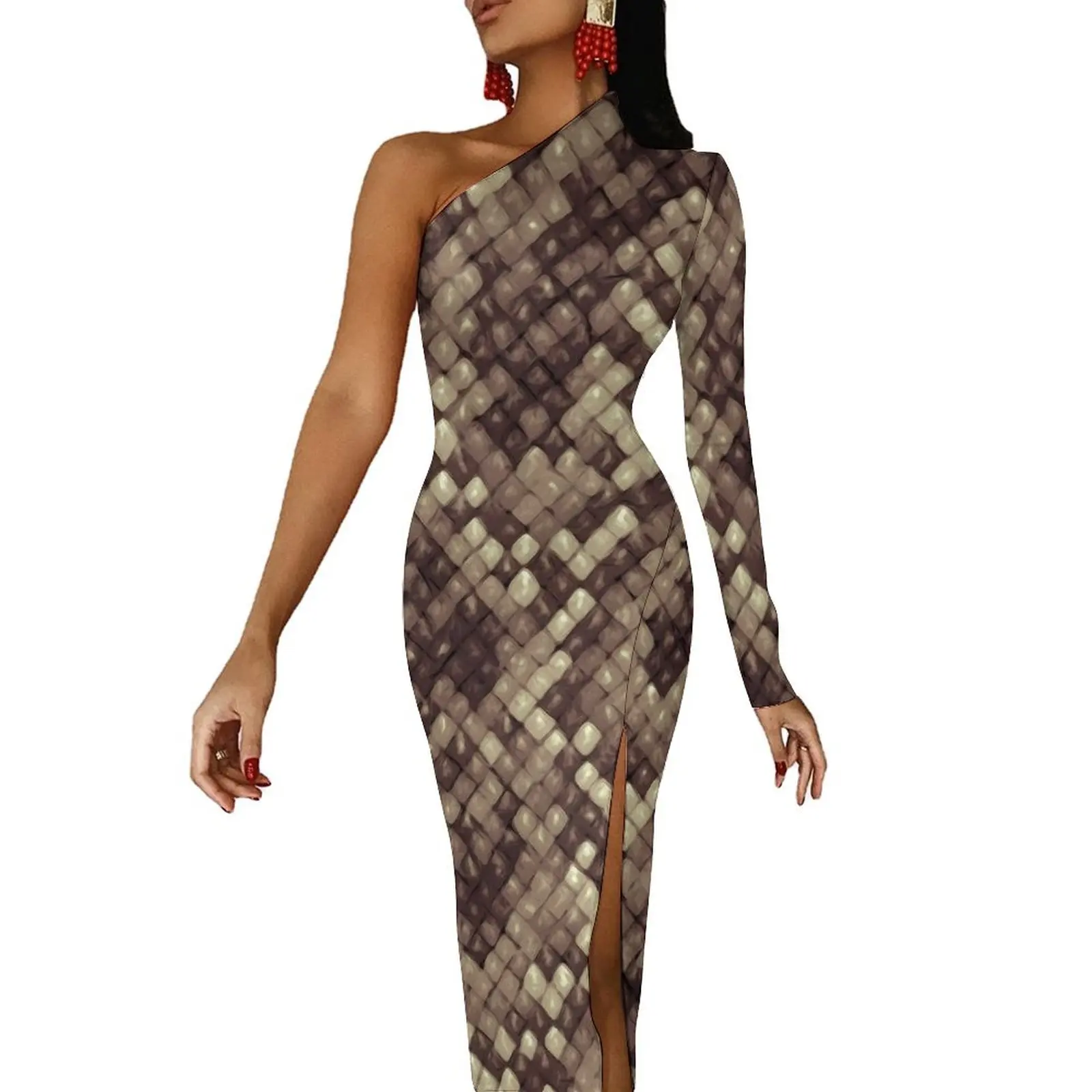 Snakeskin Python Long Dress Women Animal Print Party Maxi Dress Spring Pretty Bodycon Dresses High Slit Printed Vestido