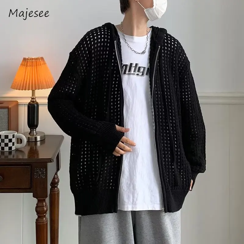 Hollow Out Cardigan Men Korean Style Chic Breathable Males Knitwear All-match High Street Casual Long Sleeves Fashion Summer New