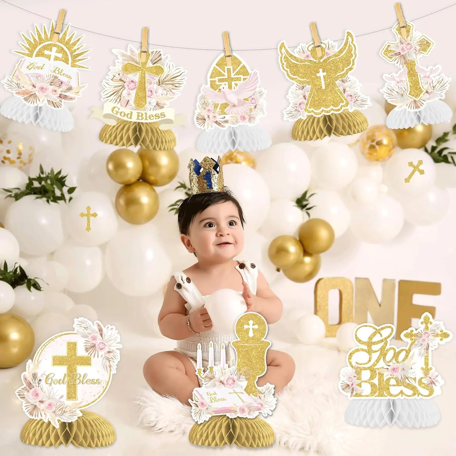 8PCS Baptism Honeycomb Centerpieces Pampas Grass Baptism Table Decor Boho First Holy Communion Christening Party Supplies