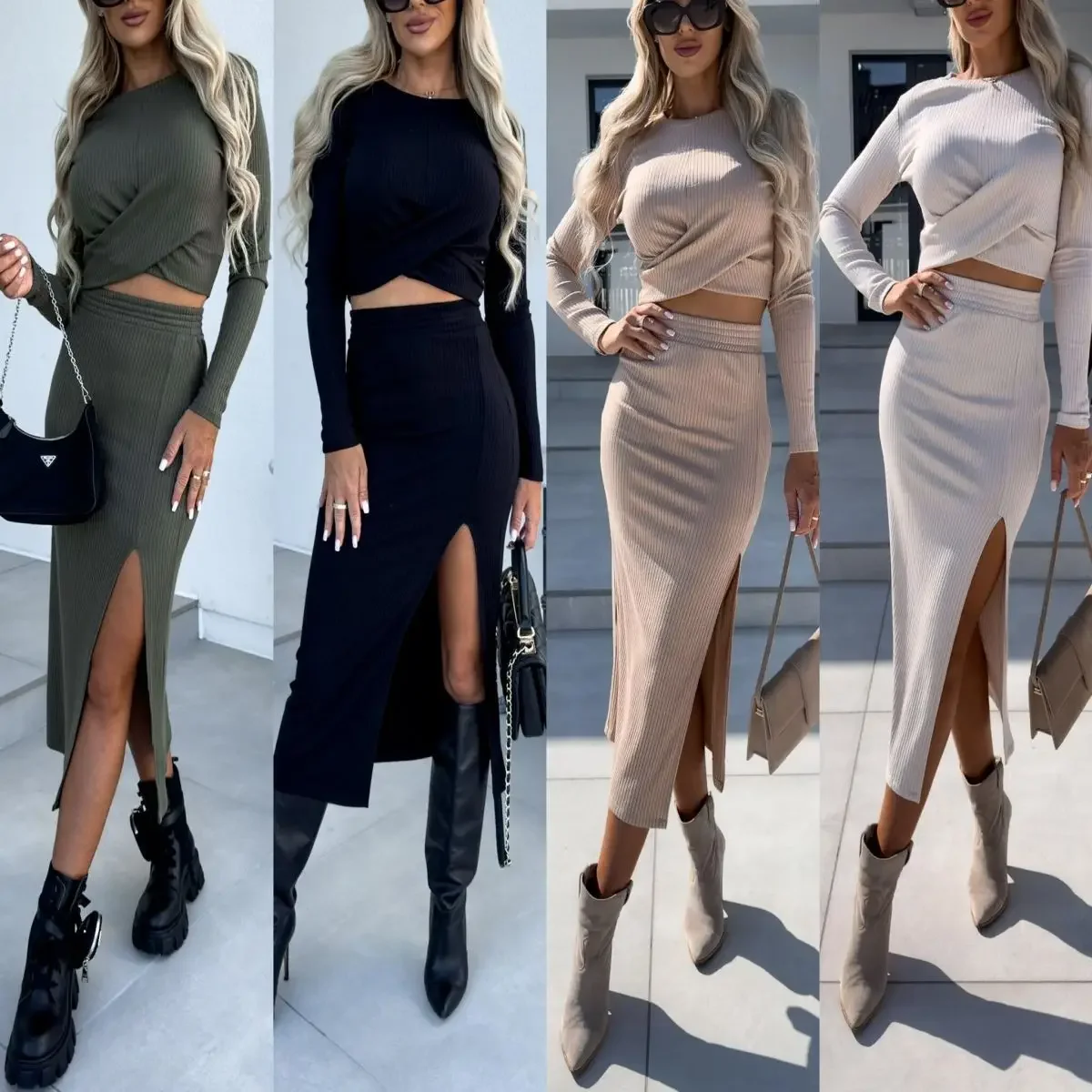 

Women Knitted Tops Skirt Sets Long Sleeve Sexy Splits Spring Autumn Short Pullover T Shirt Lady Elegant 2-piece Set Lugentolo