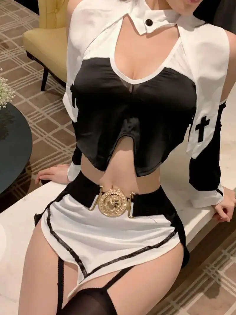 ملابس داخلية مثيرة جديدة مع ربط أبيض وأسود، ملابس مثيرة زي مثير نقي ملابس qqny طقم راهبة الهالوين للنساء 02CC