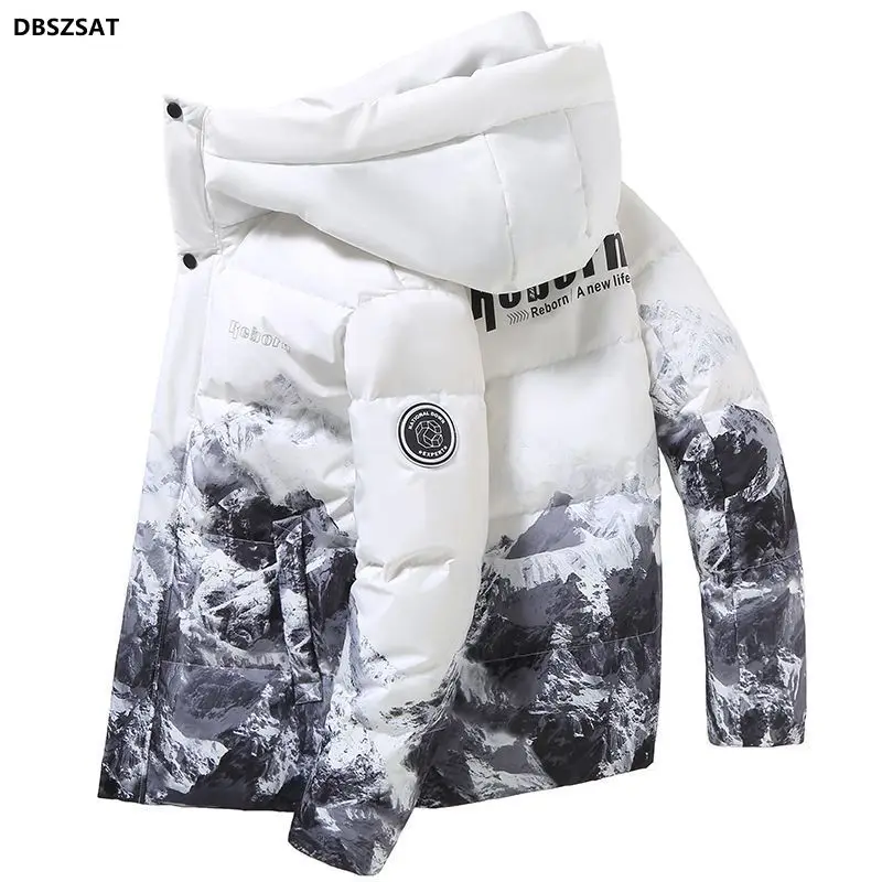 XK M-3xl Hommes Blanc Duvet de Canard Veste Hiver Mâle CombZipper Imprimer À Capuche Style Court Couple Épaissir OupillClothes Hy159