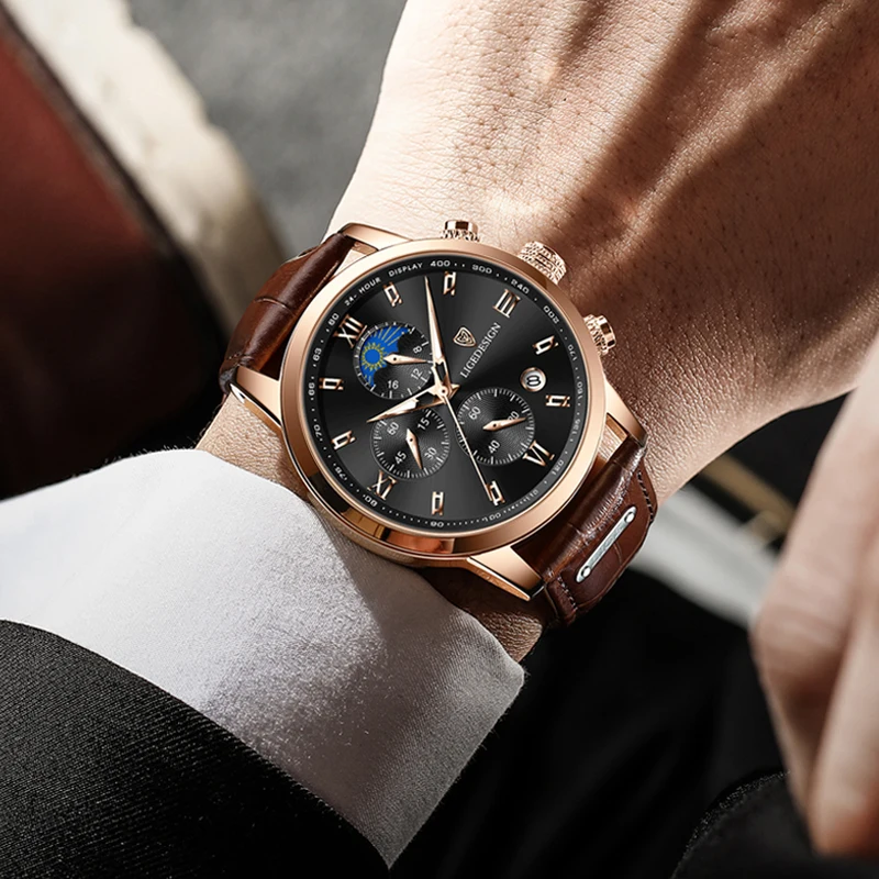 LIGE Man Watch Business Fashion Brand Luxury Leather Moon Phase Wristwatches Quartz Watches for Men Chronograph Waterproof Clock