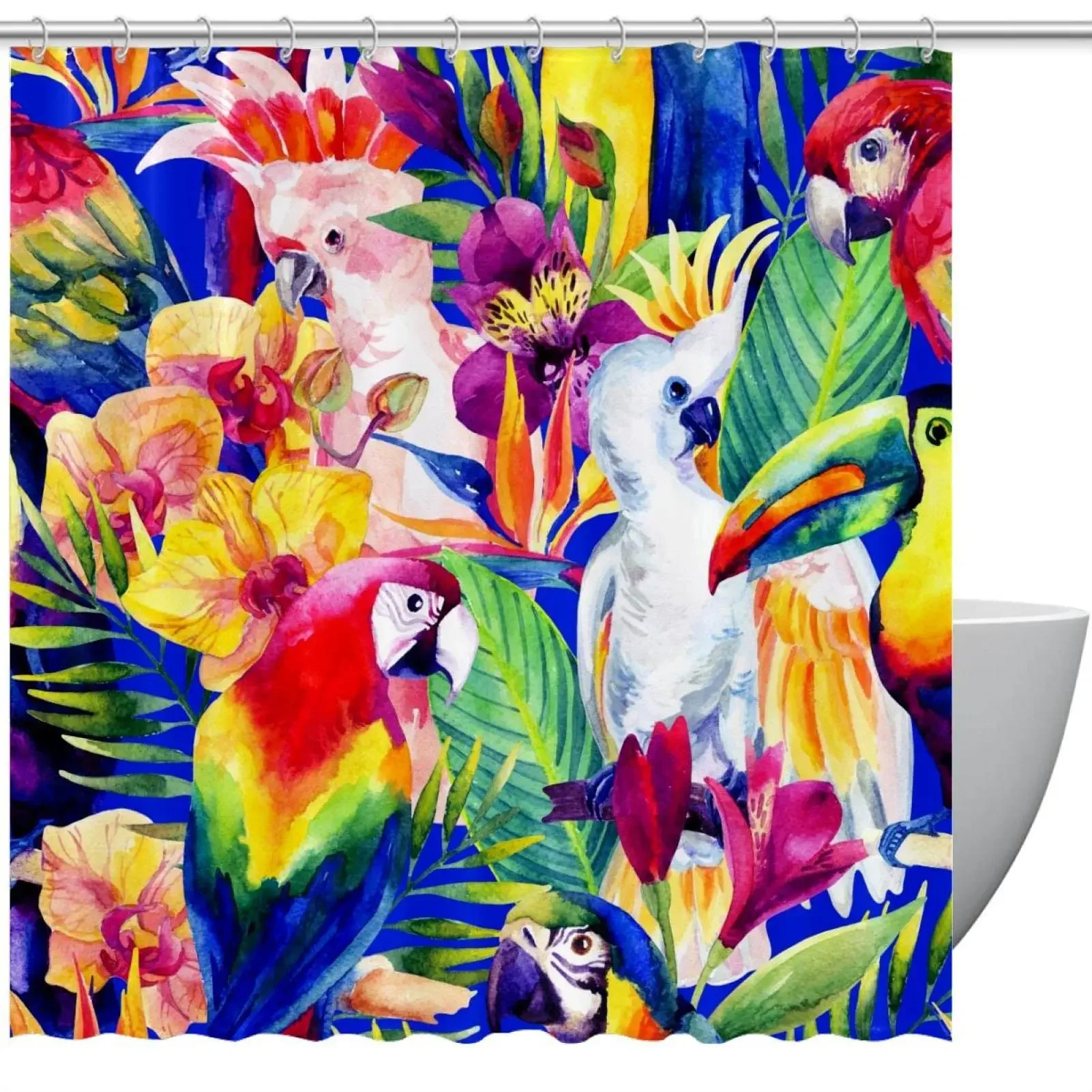 Tropic Flowers and Parrot Watercolor Shower Curtain Waterproof Polyester Fabric Bathroom Decoration Bathtub Screen with Hooks
