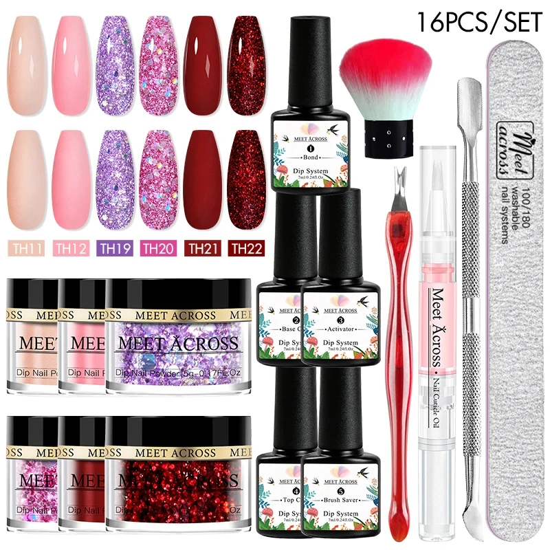 MEET ACROSS 5g/can Dipping Powder Starter Set With Dip System Liquid Kit Glitter Powder Dust Dip Powder Nails Kit For Manicure