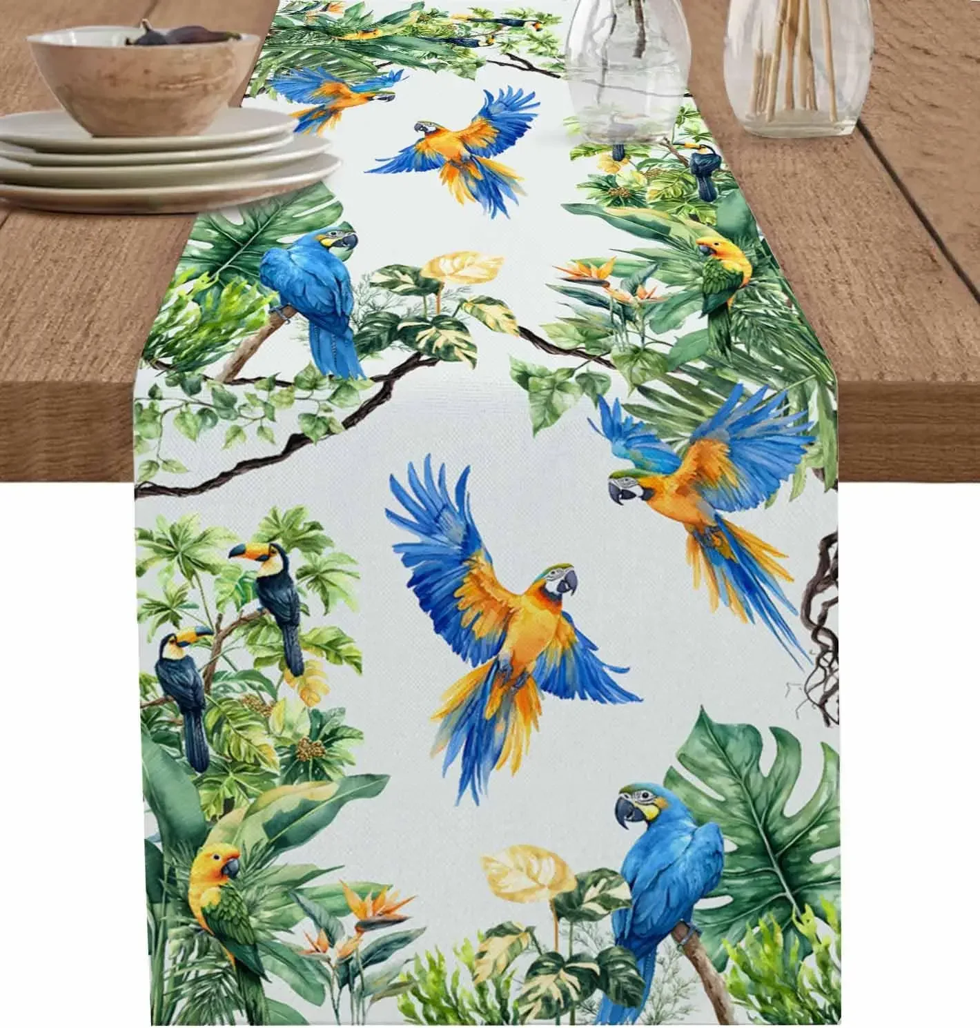Tropical Palm Leaves Parrot Bird Linen Table Runner Home Party Decor Banana Leaf Table Runners Dining Table Decor 33x183cm