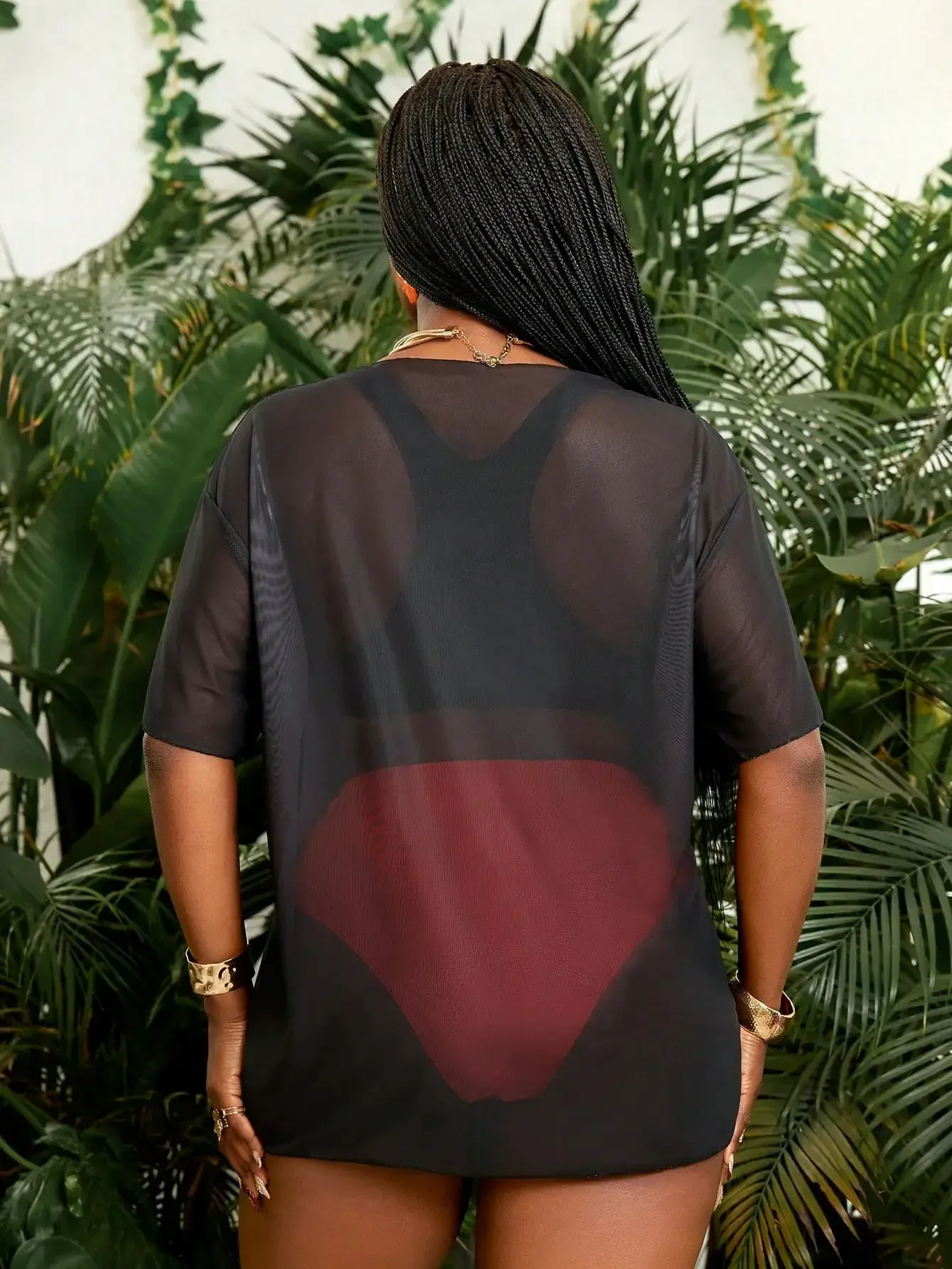 

Plus Size Printed Mesh Beach Cover Up With Bikini
