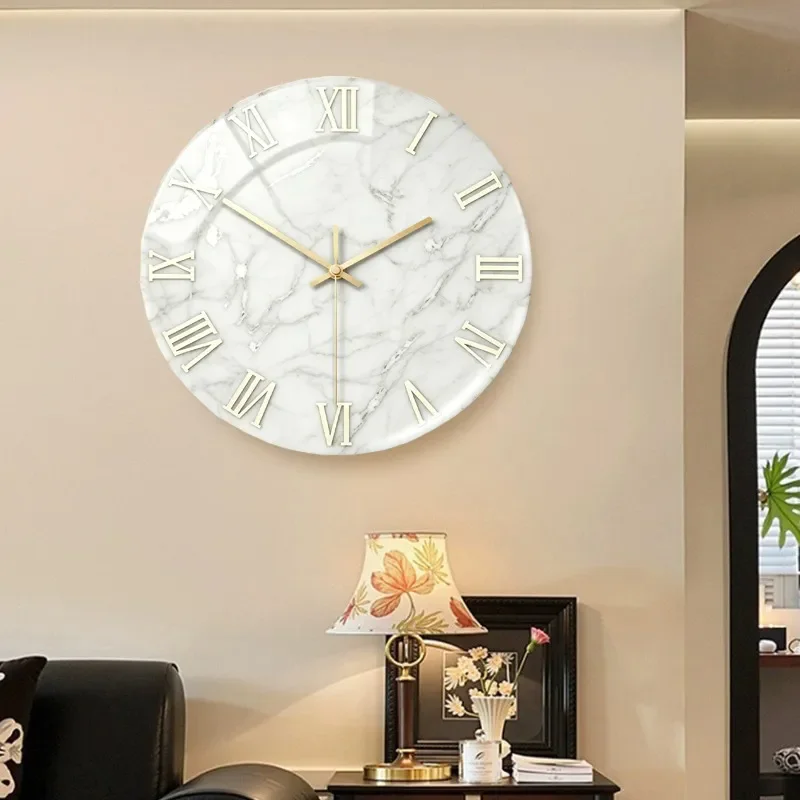 for Creative Tempered Glass Round Marble Clock Light Luxury Fashion Home Wall Clock Decoration Watch Style Modern Design