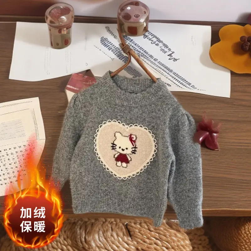 

Kawaii Hello Kitty Sanrio Children Cute Cartoon Comfortable Warm Knit Sweater Students Add Velvet Tops Christmas Gifts for Kids