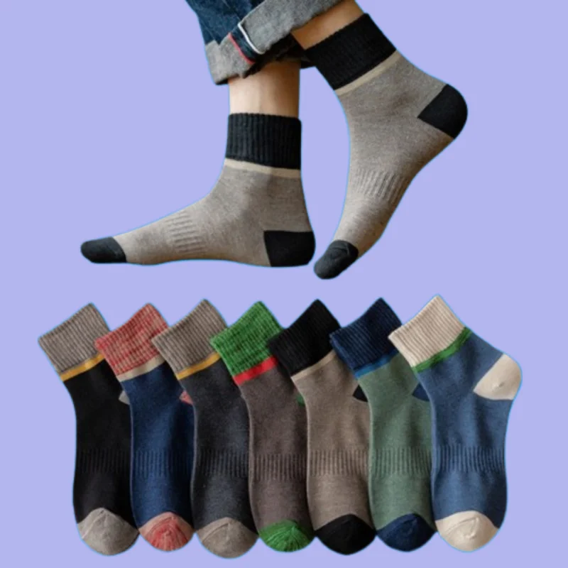 

7/14 Pairs Cotton Antibacterial Cotton Casual Socks Winter Black Socks Colorblock Men Spring And Autumn Middle-tube Socks