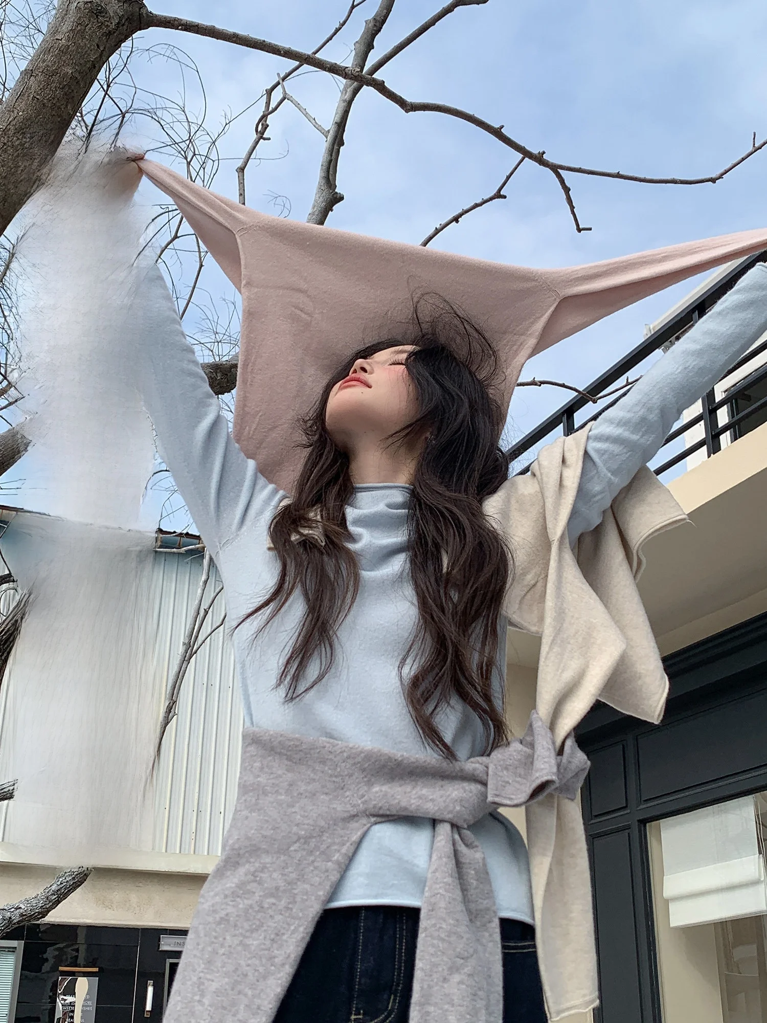

Thiened f-High Collar Long Sve Women's Base irt Inner Wear Match All Blue And White Sweater Spring Winter Loose Fit