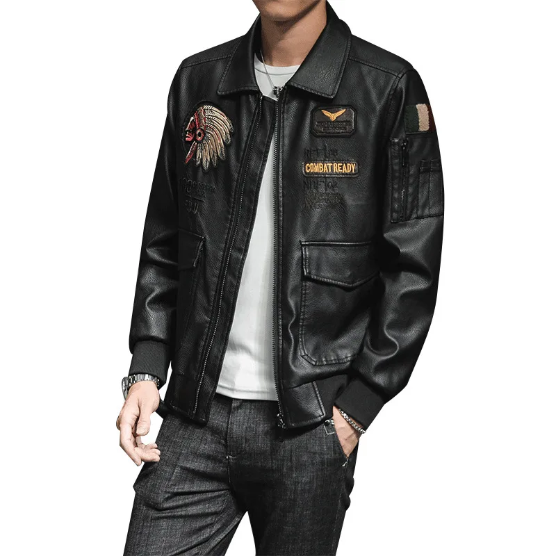 Men Pu Leather Jacket Lapel Embroidery Motorcycle Clothing Spring Autumn Men's Casual Trend Leather Jacket Men Clothing