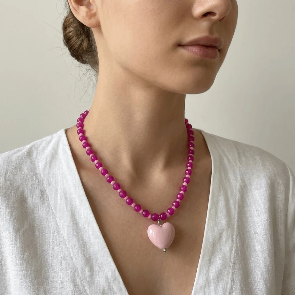 Candy Color Heart Necklace Aesthetic Clavicle Chain Beaded Pendant Choker Glass Beaded Adjustable Y2K Necklace Women Girls