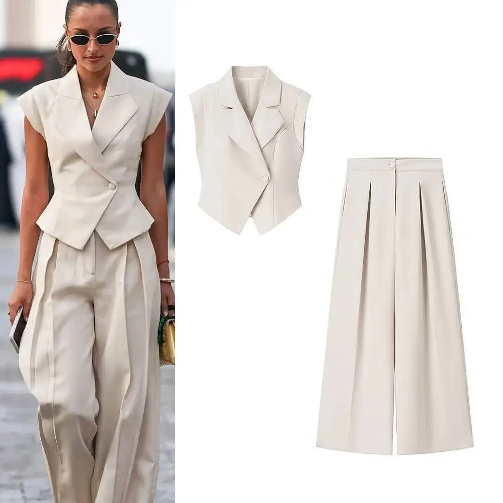 

2 Pcs Women Chic Suit Casual Turn-Down Collar Slim Top+ Zipper Waist-Drooping Wide-Leg Long Pants Fashion Summer Suits Set