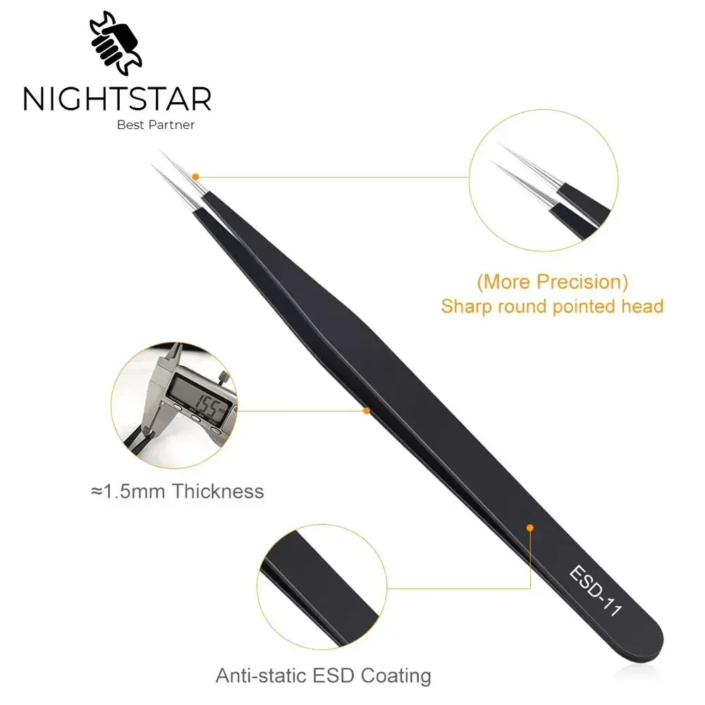 Anti-static Precision Tweezers Set Stainless Steel ESD Tweezers Electronic Repair Soldering Iron Tool for Beauty Eyelashes