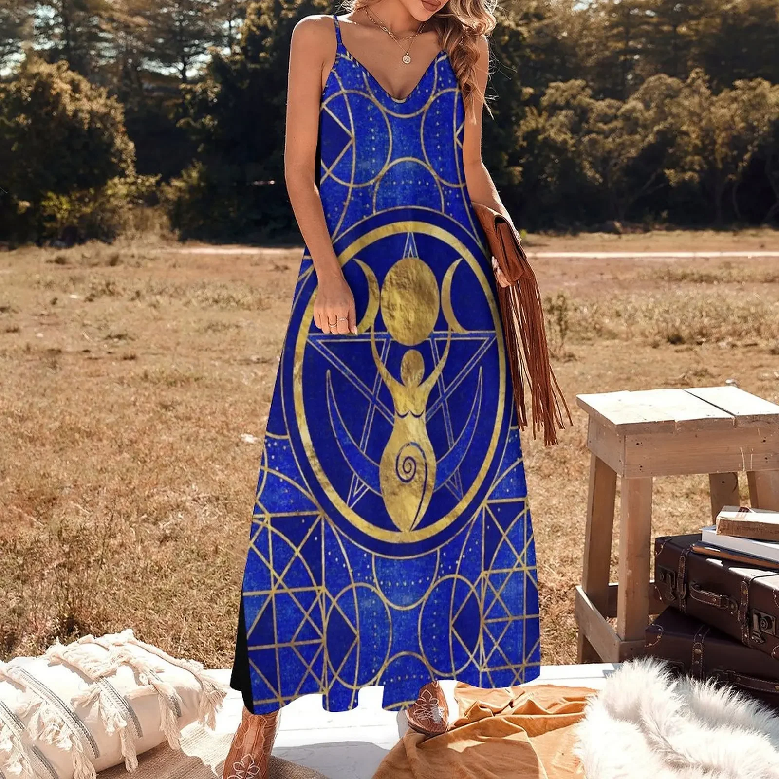 Triple Moon - Goddess -Lapis Lazuli and Gold Sleeveless Dress long dresses for women dresses with long sleeves