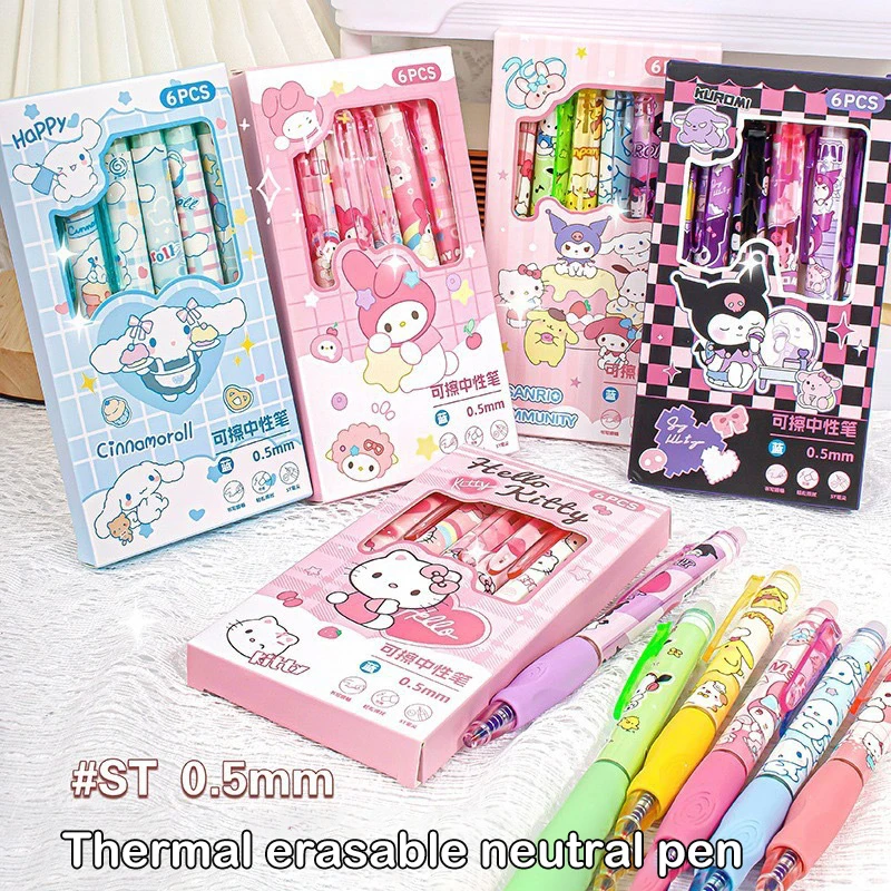 6PCS Kawaii Kitty Blue Ink Erasable Neutral Pen Cute Cartoon Pressing The Pen Office Supplies School Supplies Holiday Gifts