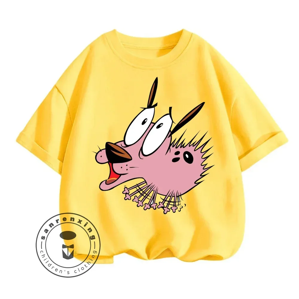 Cute Courage The Cowardly Dog Animated T-Shirts for Kids Summer Fashion Brave Cartoon Prints Elastic Sports Tops for Boys Girls