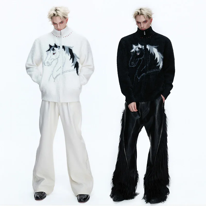 LUZHEN 2026 Winter Original Fleece Patchwork Pattern Stand Neck Handsome Sweaters Men's Fashion High Quality Loose Coat JY5807