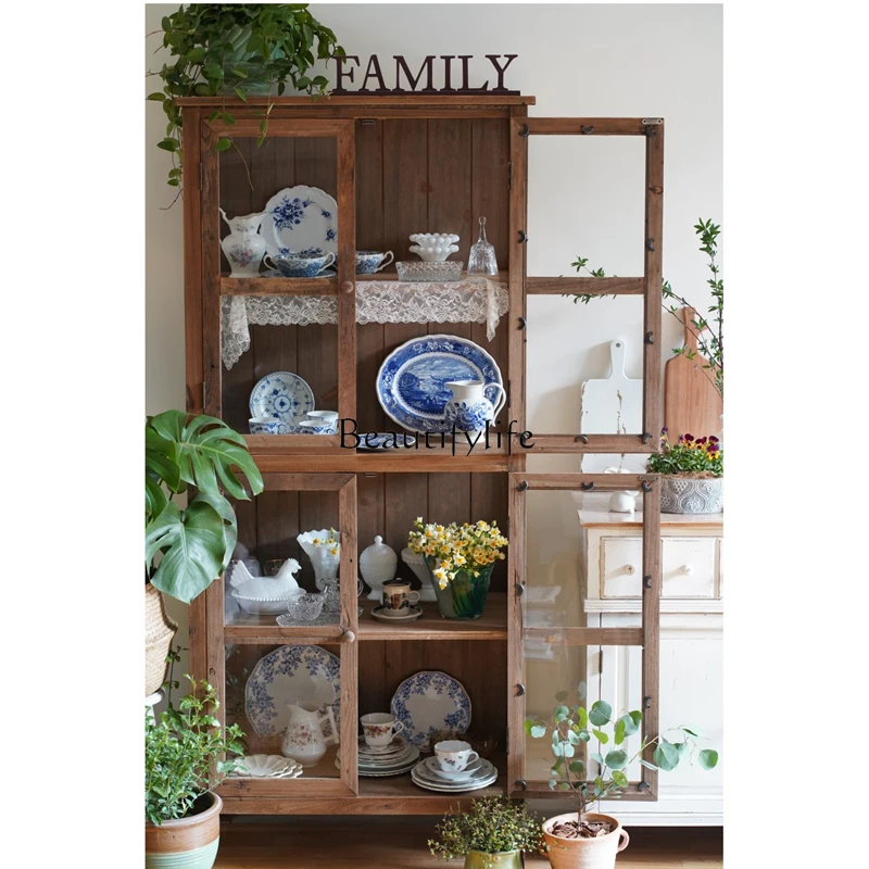 American country glass cabinet all solid wood old weathered display dining side storage wine cabinet