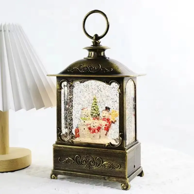 Carillon natalizio con lanterna e globo di neve con luci glitterate vorticose, ornamento di Babbo Natale, regalo per bambini, giocattolo vocale elettronico