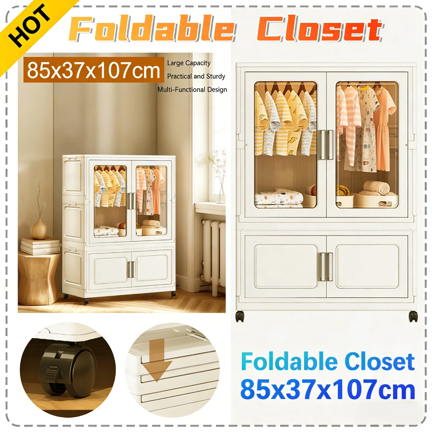

Multi-Functional Mobile Wardrobe with Hanging Rod Wheels Clear Window Magnetic Latches Sturdy PP+ABS Storage Shelf