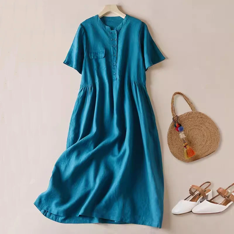 

Literary Solid Short Sleeve Dress 2024 New Office Lady Casual Loose A-Line Midi Dress Designer Long Dresses Streetwear Vestidos