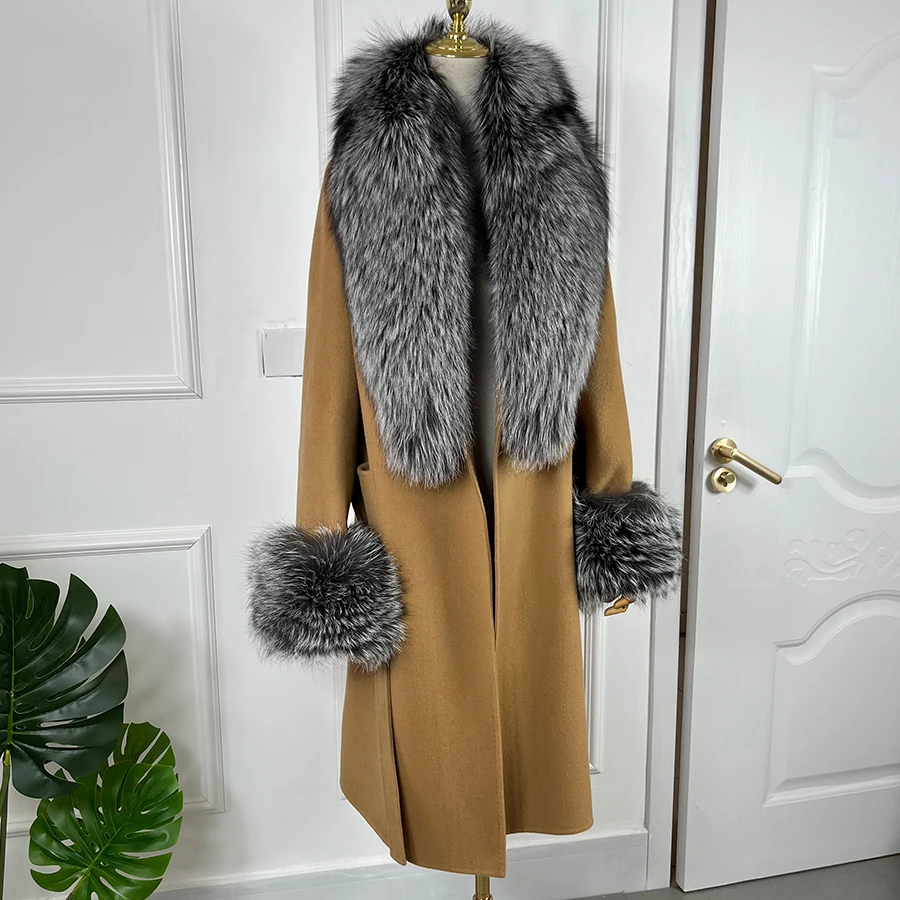 Women Cashmere Cardigan With Fur Natural Silver Fox Fur Coat Long Wool Blends Coat Rela Fur Collar Cuffs 2024 Best Selling