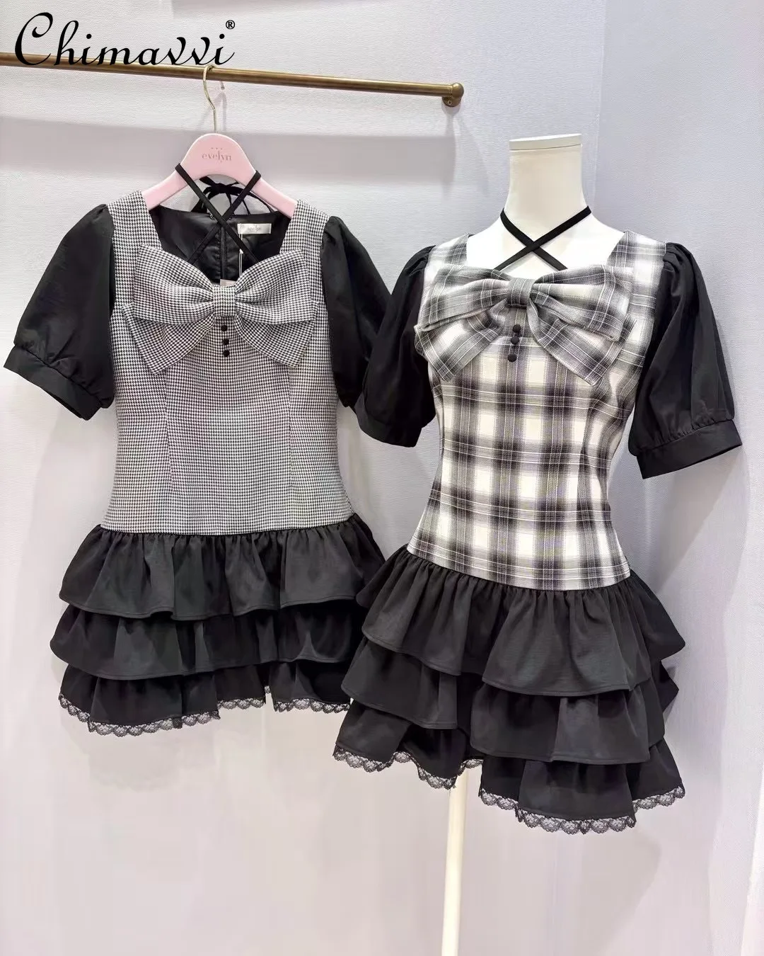 

Japanese Sweet Girl Big Bow Waist Slim-fit Cake Dress 2025 Summer New Fashion Cute Girls Women Temperament Princess Short Dress
