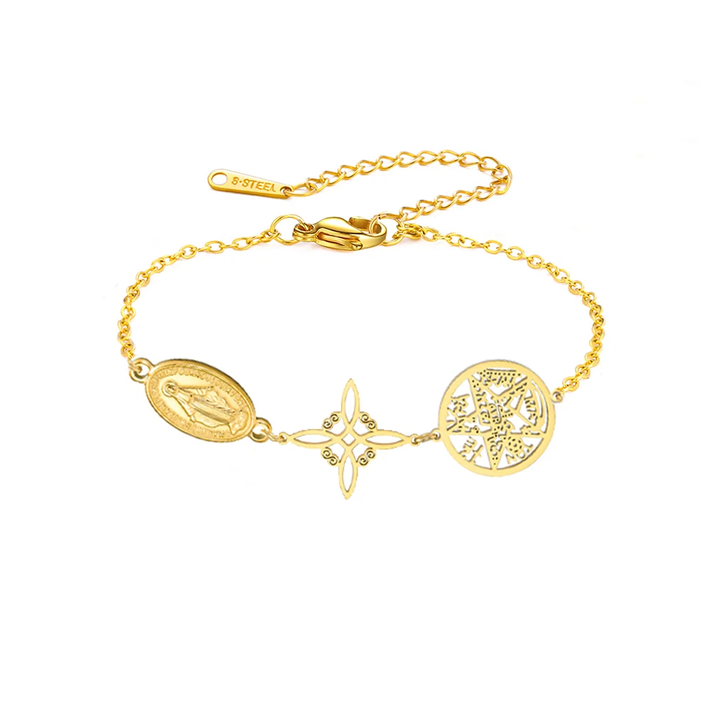 Triple Protection Bracelet Virgin Mary Witch Knot Pentagram Tetragrammaton Stainless Steel  Jewerly