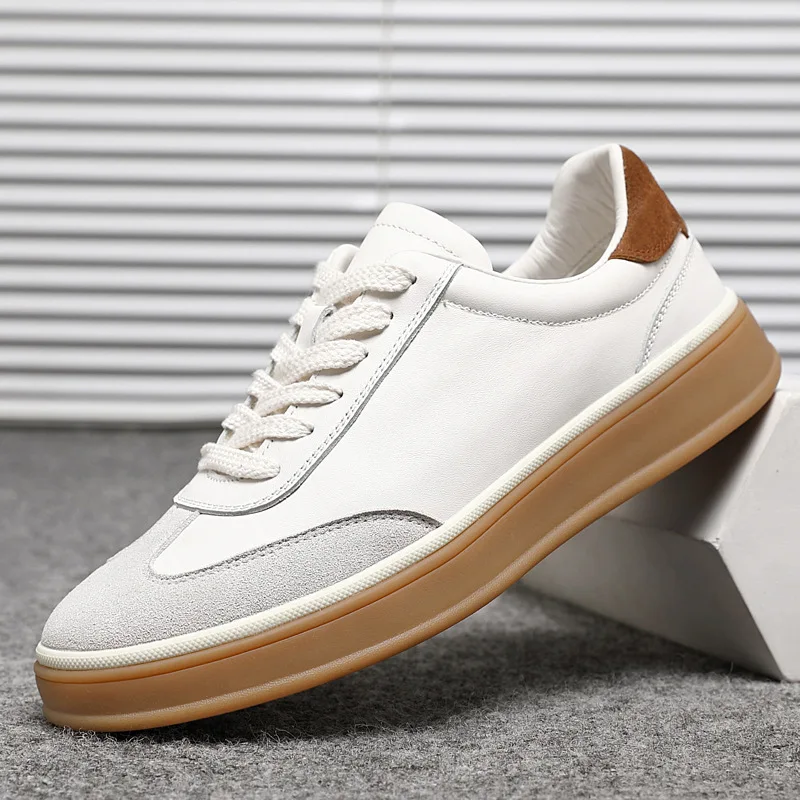 New Men Genuine Leather Casual Shoes Street Cool Flat Skate Shoes Young Man Lace-up Sneaker