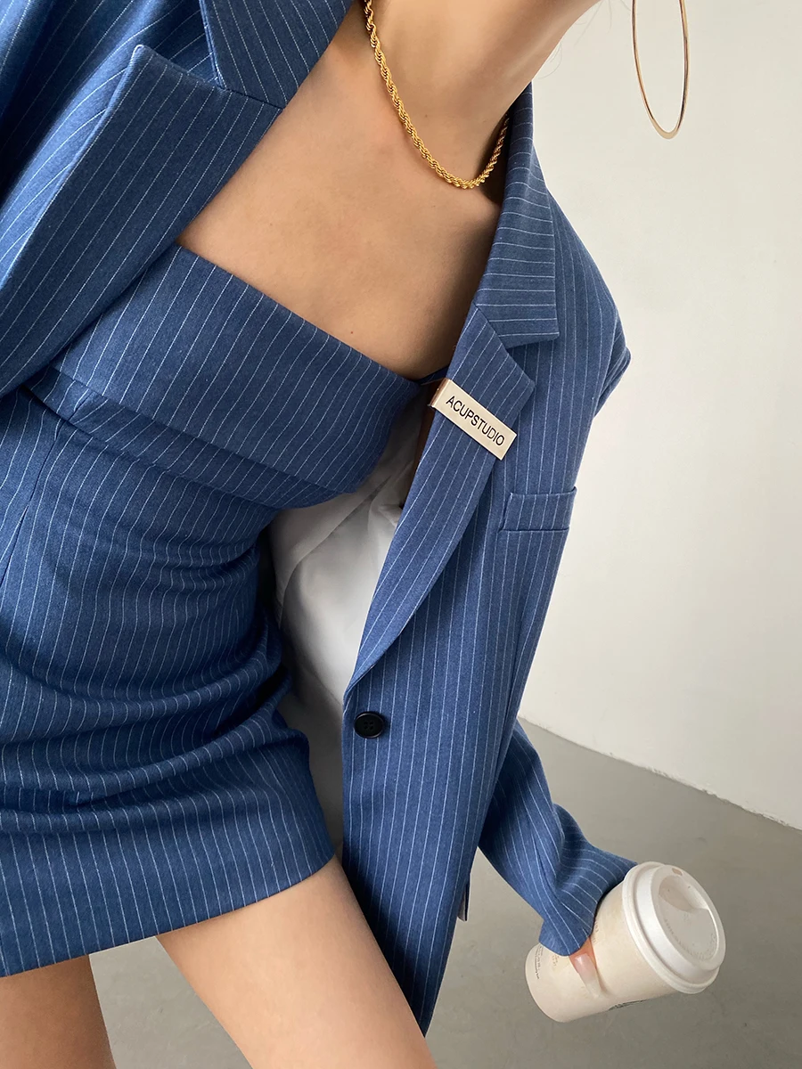 Design Sense Striped Shoulder Pads, One Button, Female Casual Suit, Solid Color Blue Trend Coat Korean Business Suit blazers