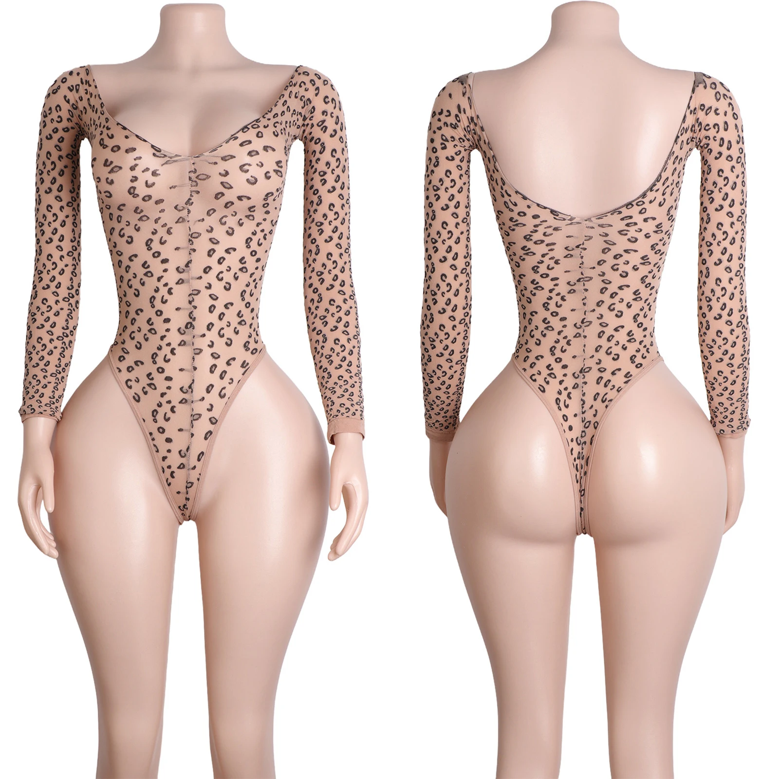 Tanga mit Leopardenmuster, Netz-Bodystocking, lange Ärmel, exotische Clubwear, Tänzerin, Kostüm, Performance, Nachtclub-Outfit