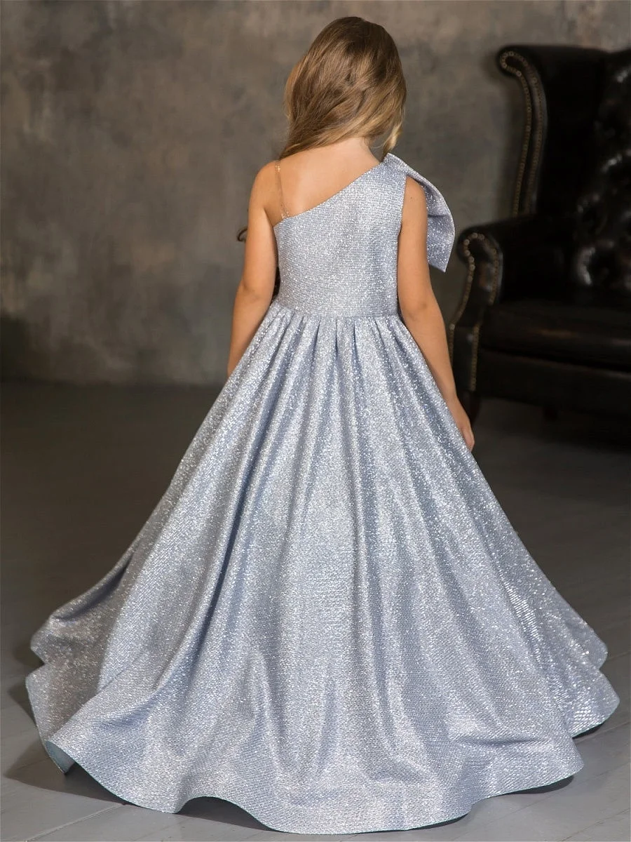 Glitter Satin Princess Flower Girl Dresses One Shoulder Long Silver Child Wedding Party Birthday Dress Bow First Communion Gown