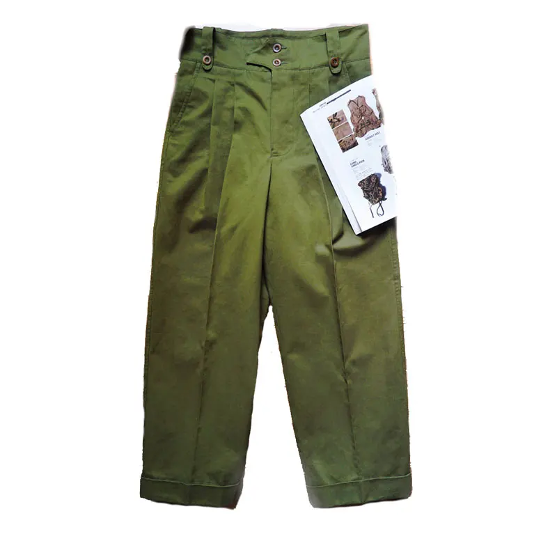 Men's Double Pleated 1940s British Army Pants High Waist Wide Legs Military Style Work Pants