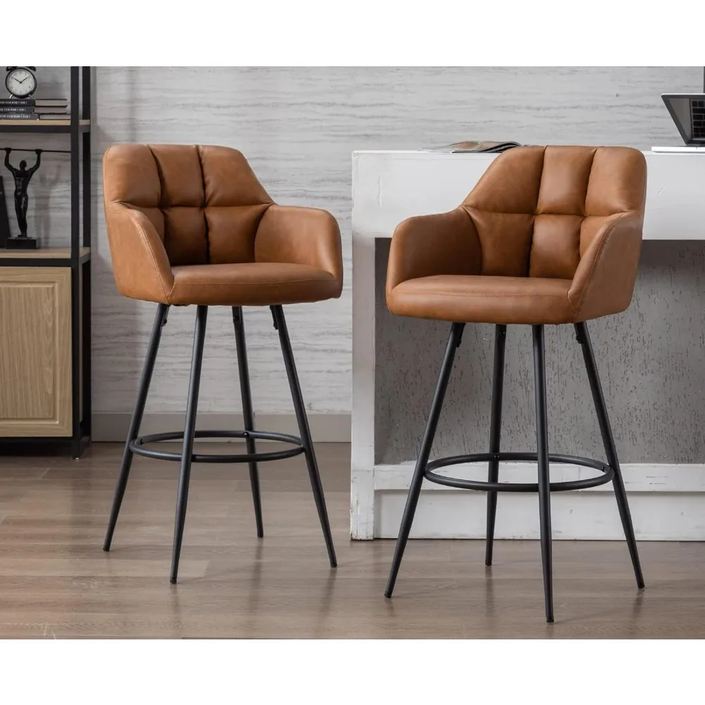 

Modern Bar Stools Set of 2 Bar Height Barstools with Back and Arms High Bar Chairs with Metal Footrest Leather Upholstere